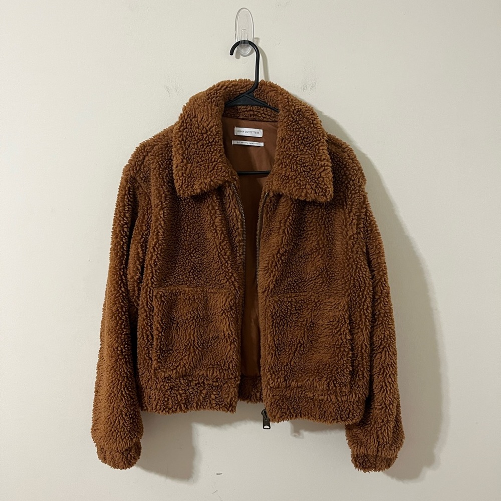 Urban Outfitters Willow Fuzzy Brown Drawstring Teddy Full Zip Cropped Jacket S - Picture 3 of 11